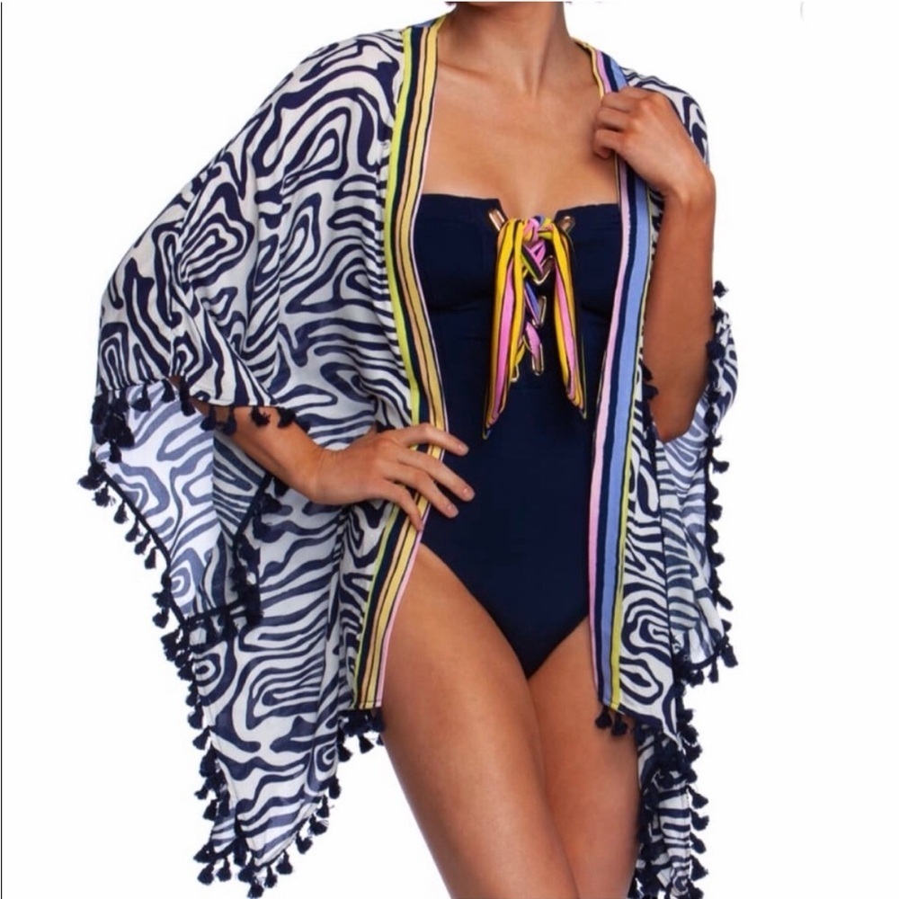 Trina Turk Zebra Kimono Swim Cover with Tassel Fringe + Color Stripes